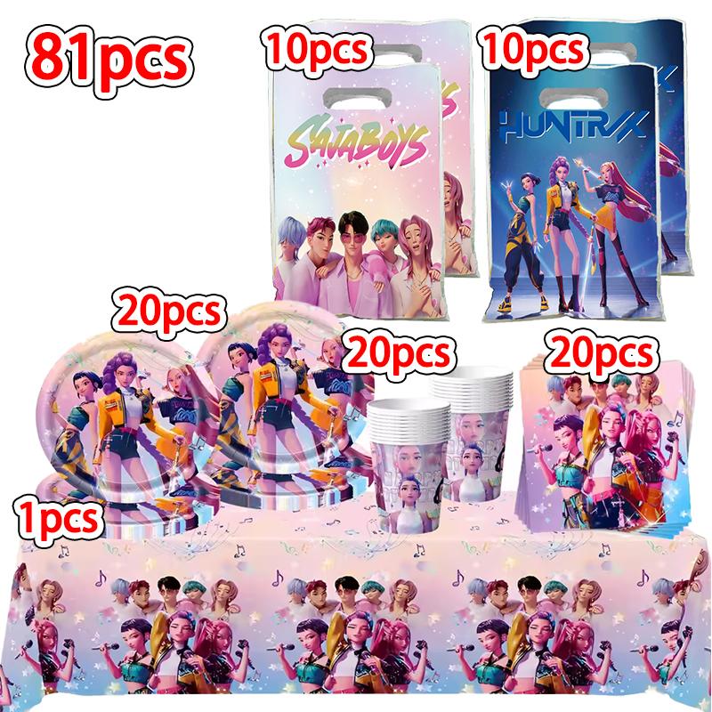 Kpop Demon Hunters Birthday Decorations Singer Party Favors Balloon Disposable Tableware Tablecloth Plates Cups Baby Shower Toys
