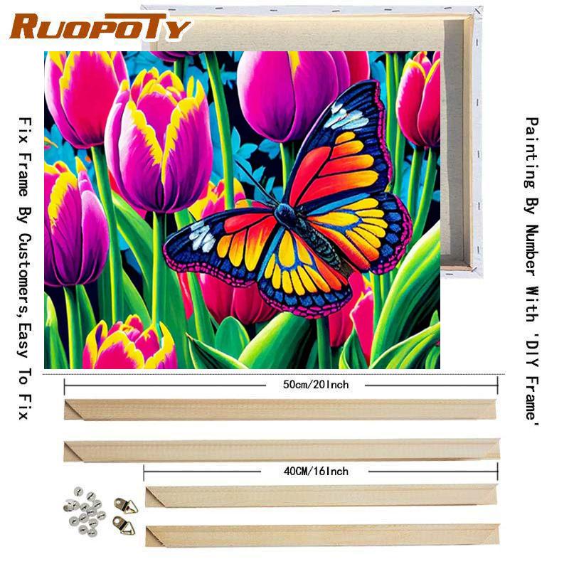 Рамка для рисования по номерам, наборы для взрослых, для начинающих, рисунок бабочки и цветов, раскраска с номерами для домашнего творчества, 40x50 см