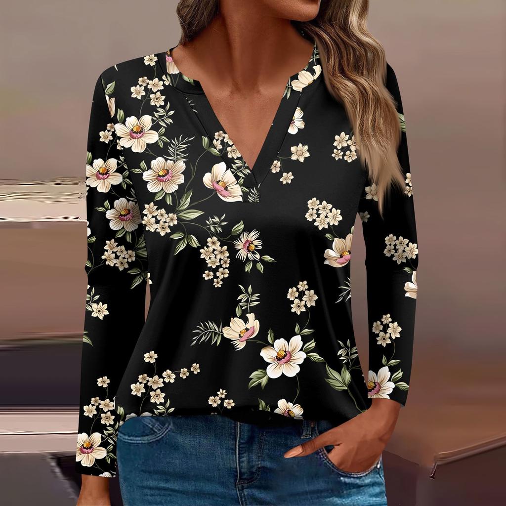 Женская модная повседневная футболка с V-образным вырезом и длинным рукавом, винтажный цветочный принт