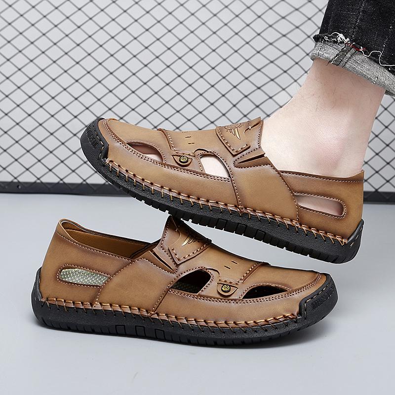 39-48 Летние мужские кожаные пляжные сандалии ручной работы Мужские сандалии с закрытым носком Сандалии большого размера