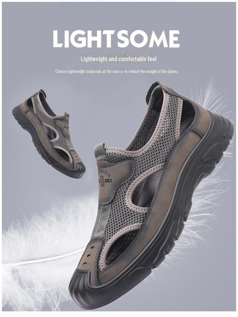 Мужские летние сандалии из натуральной кожи 2024 года с дышащей отделкой: Обувь Mesh для вождения, отдыха на природе, вброд и на пляже