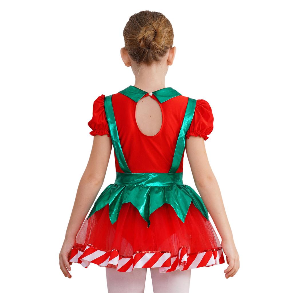 Girls Christmas Tutu Dress Puff Sleeve Hollow Back Bow Stripes Design Suspender Jumpsuit Dance Leotard