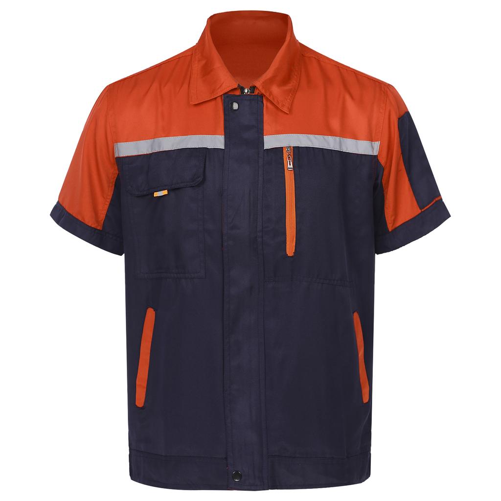 Shirt Work Mens Visibility High Reflective Stripes Zipper Closure Short Sleeve Workshop Jacket With Pockets