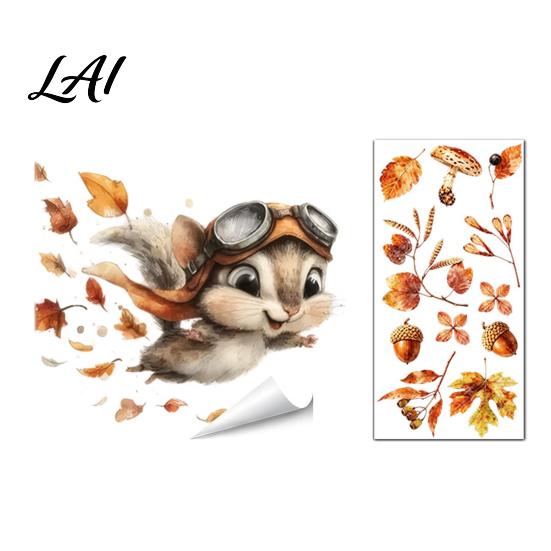 Autumn Pastoral Theme Window Art Static Sticker with Cute Animals & Maple Leaves Removable Harvest Durable Clings for Store Fronts Festival