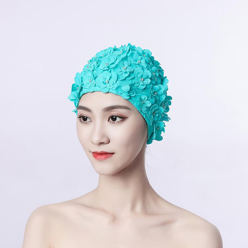 Шапочка для плавания женская с бриллиантовым цветком ручной работы, трехмерная, прошитая вручную, трехслойный цветок, не сдавливает голову, двойная ткань, для плавания, спа