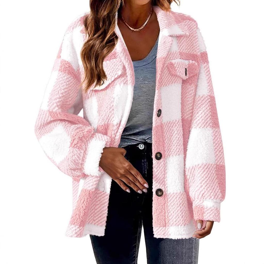 Plaid Pattern Lapel Button-Down Plush Coat for Autumn and Winter