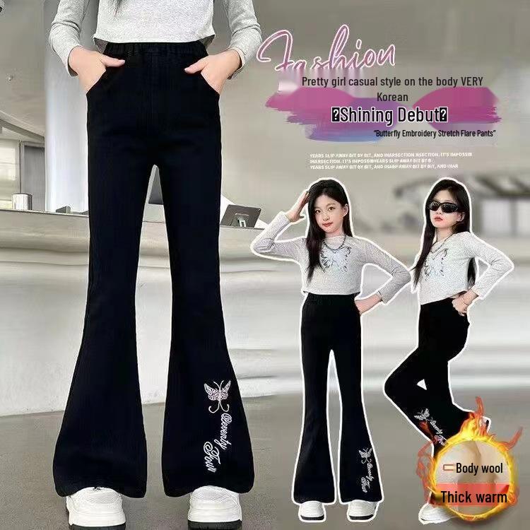 Девичьи расклешенные брюки на флисовой подкладке: Модная осенне-зимняя повседневная одежда для подростков