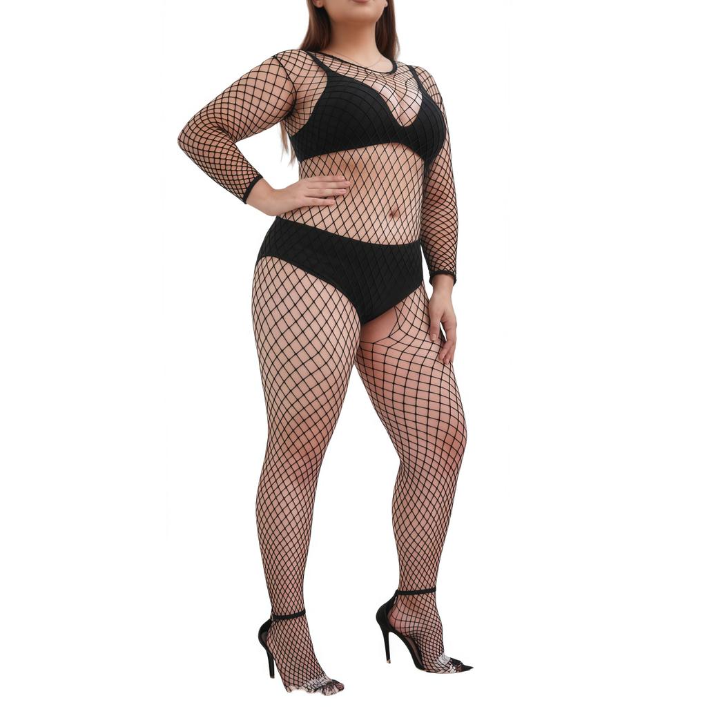 Oversize Women Mesh Hollow Sexy Bodystockings Large Plus Size See Through Erotic Open Crotchless Lingerie Bra Set XXXXL