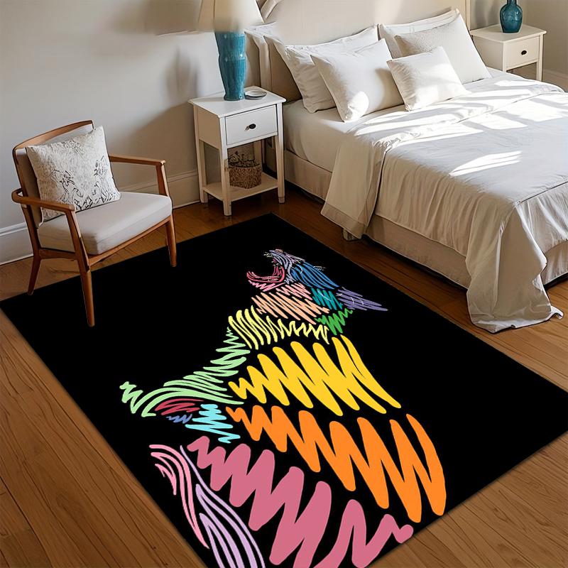 1pc Rainbow Wolf Rug Vibrant Geometric Pattern Non Slip Floor Mat for Living Room Bedroom Kids Playroom Home Decor Carpet