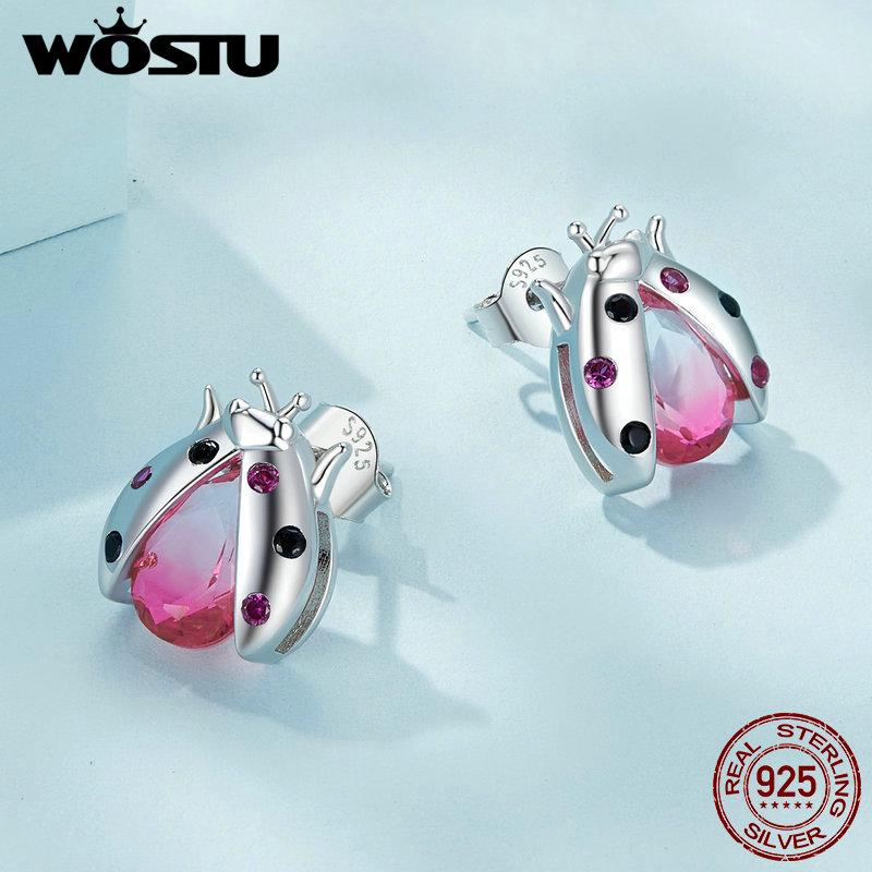 WOSTU Женские серьги-гвоздики из стерлингового серебра 925 пробы с розовой божьей коровкой, многоцветные серьги с турмалином с цирконием, открытые серьги-гвоздики, зажимы для вечеринок, ювелирные изделия, подарок