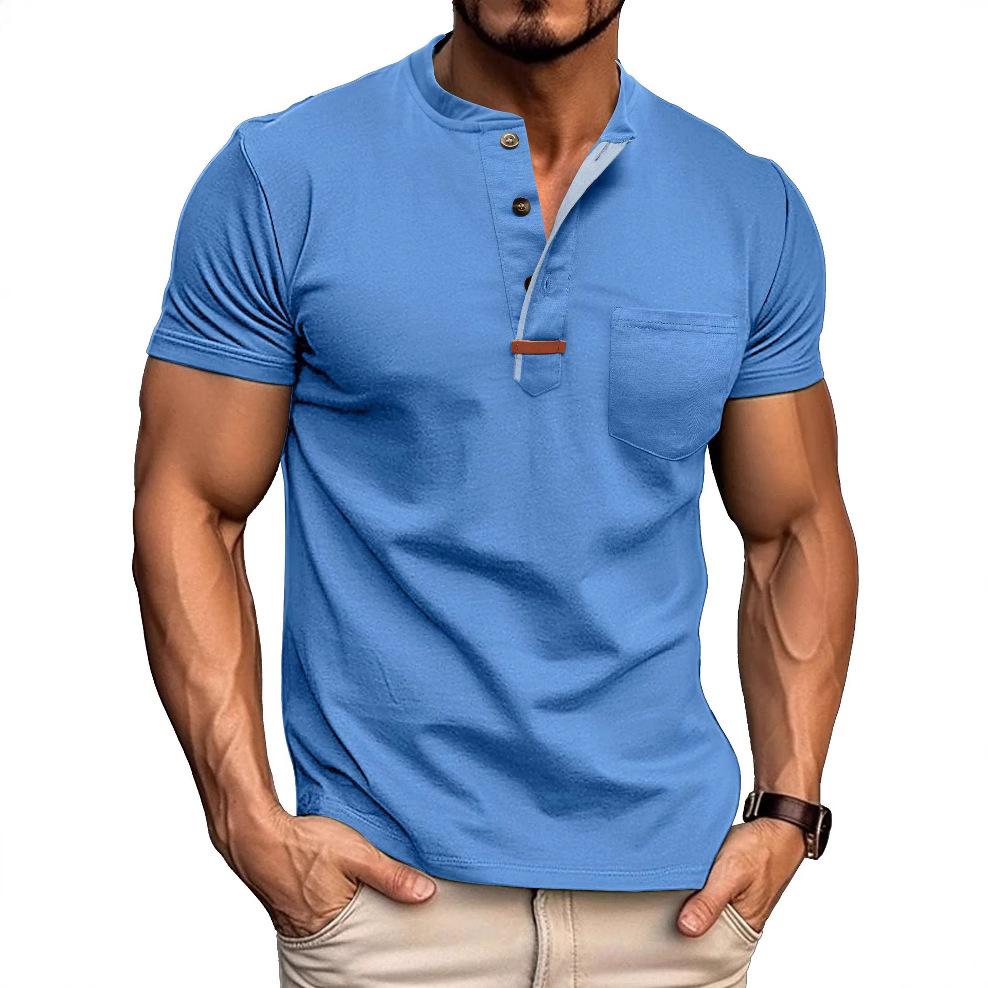 Summer Men's Henry Collar T-Shirts Solid Color Short Sleeve Tees Tops Men
