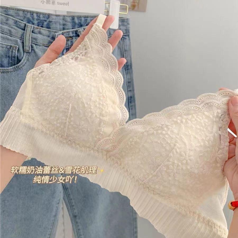 French steel-rimless underwear, women's thin triangle cup, large chest, small lace, small chest, flat chest, double breasts, beautiful back bra.