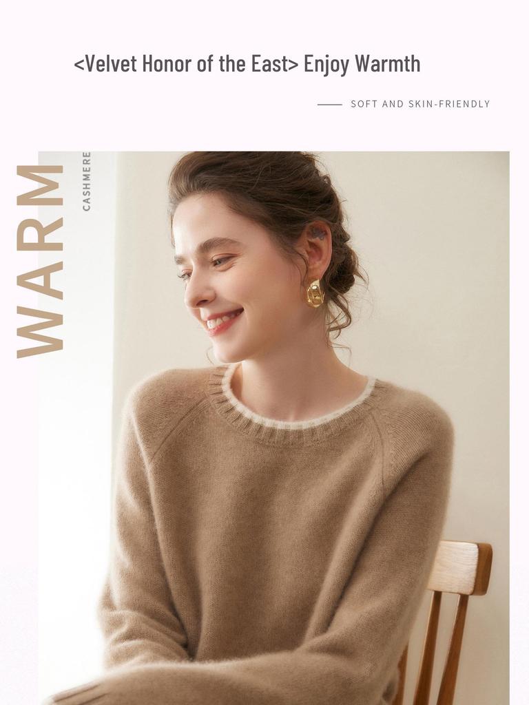 Women's Cashmere Raglan Sleeve Sweater - Round Neck, Autumn/Winter Fashion
