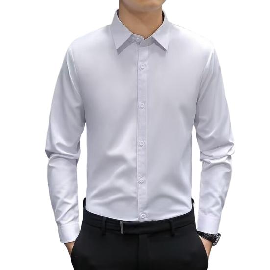 Мужская официальная рубашка в деловом стиле с отложным воротником и длинными рукавами, однобортная рубашка для офиса и встреч, однотонная