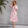 Women's Summer Printed V-neck Waist Mid-length Short-sleeved Dress