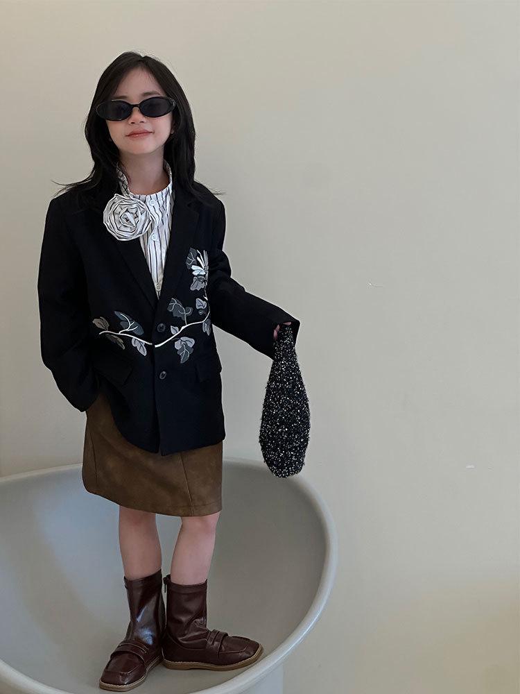 Комплект костюма для девочек «Осень 2025» с вышивкой хризантем - Модная повседневная детская одежда