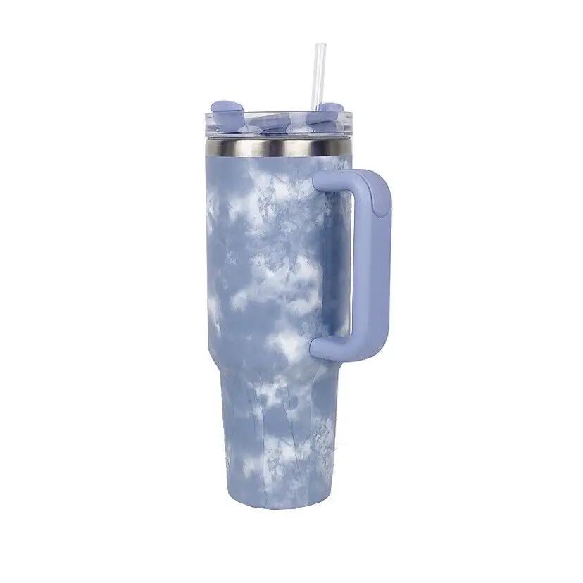 Нержавеющая сталь Tie Dye Термальная бутылка для воды Кофейная соломенная чашка 40 унций Стакан с ручкой Посуда для напитков Дорожная автомобильная кружка Термос