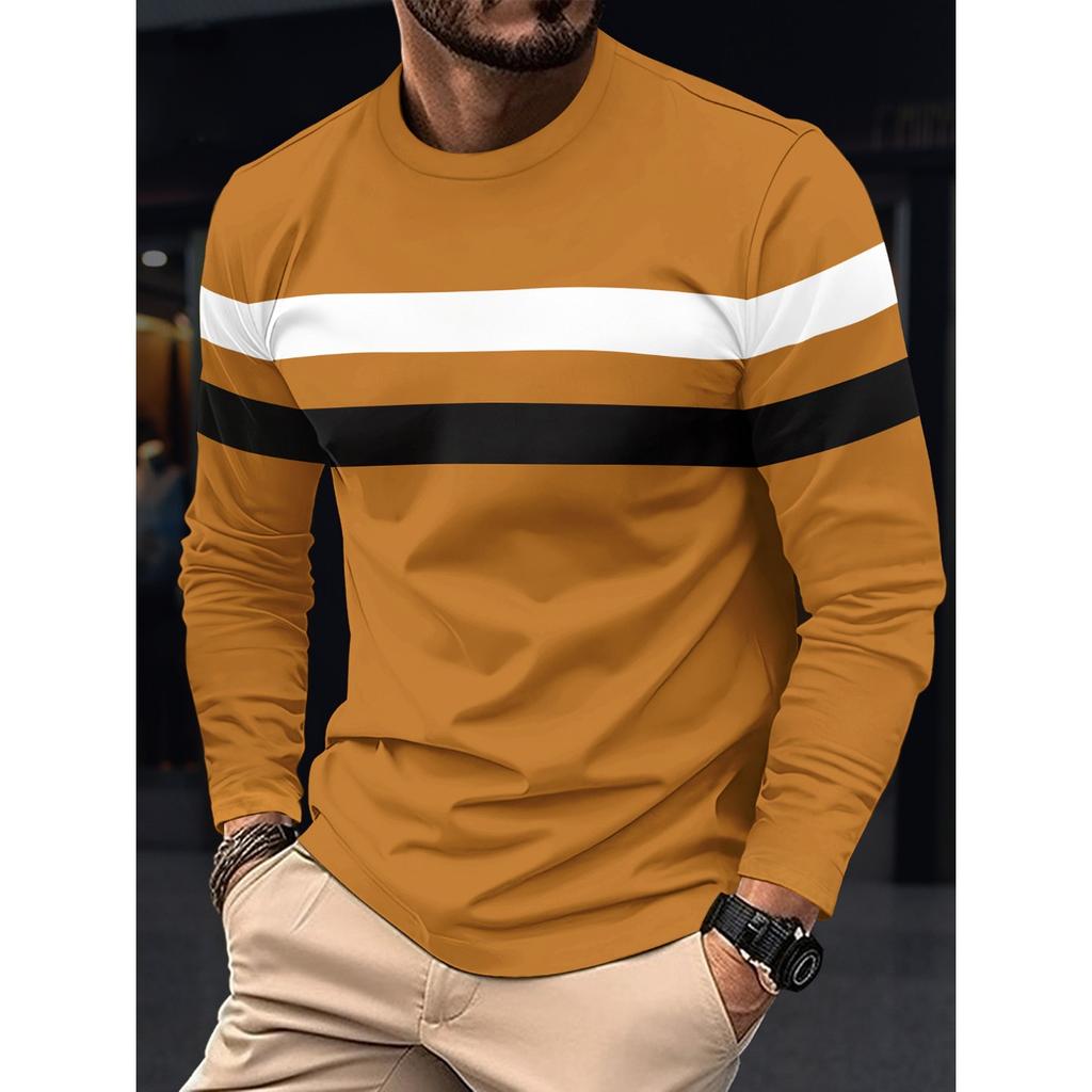 Autumn and Winter Plus Size Round Neck Long Sleeved Color Blocked Base Shirt Pullover Men's T-shirts