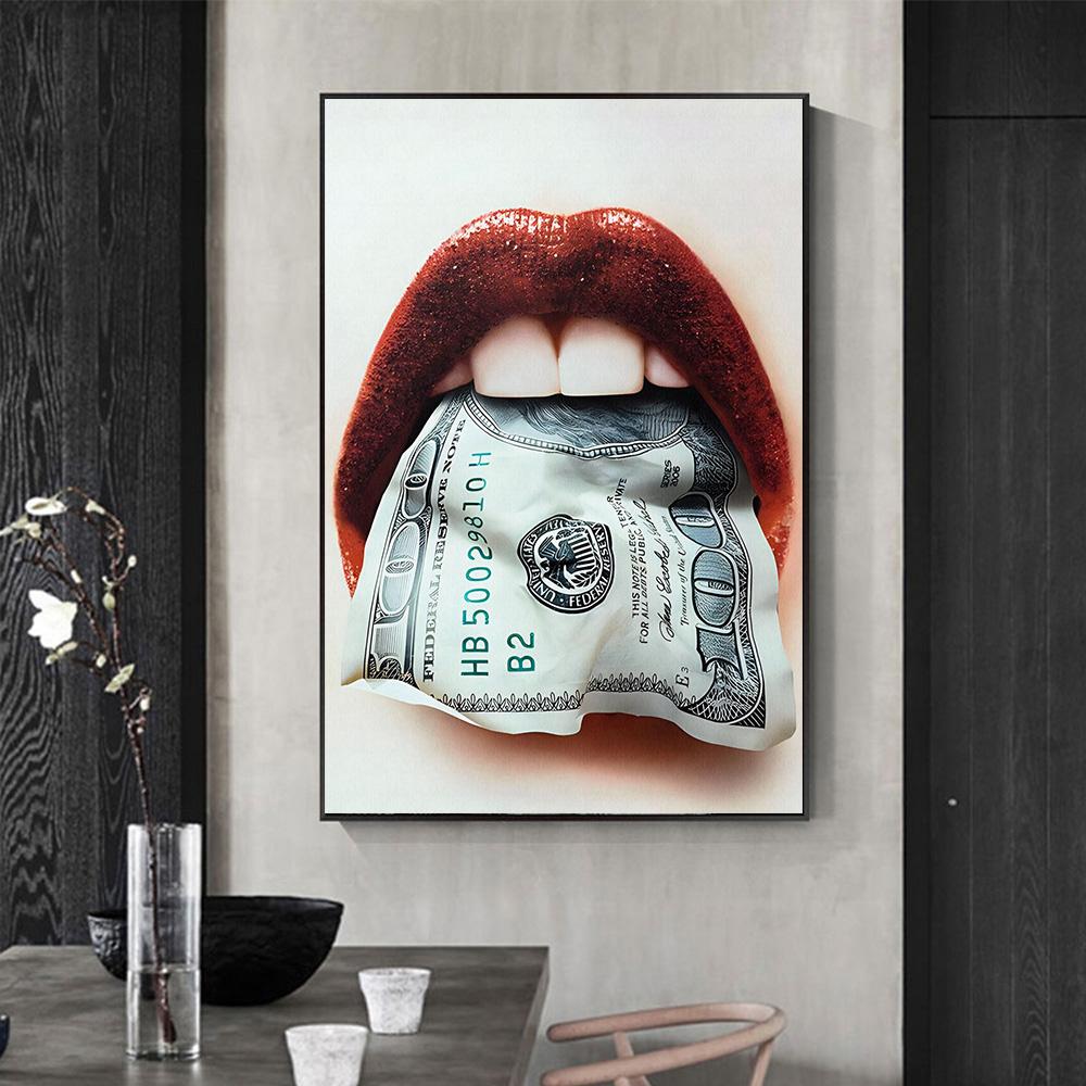 Sexy Woman Red Lip Bullets Dollars Prints Poster Canvas Painting Modern Wall Art Pictures For Living Room Bedroom Home Decor