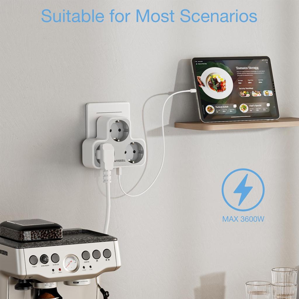Tessan Multi Outlets Power Strip with 3 AC Outlets 2 USB Ports EU KR Plug Multiple Wall Socket Adapter with Overload Protection