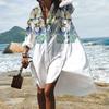 Summer Women Dress Turn-down Collar Single-breasted Loose Long Sleeves Shirt Type Leaf Print Vacation