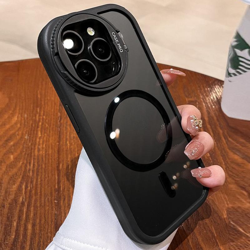 Luxury Magnetic Charging Transparent Phone Case for iPhone 16 15 14 13 12 11 Pro Max Round Camera Protection Bracket Cover