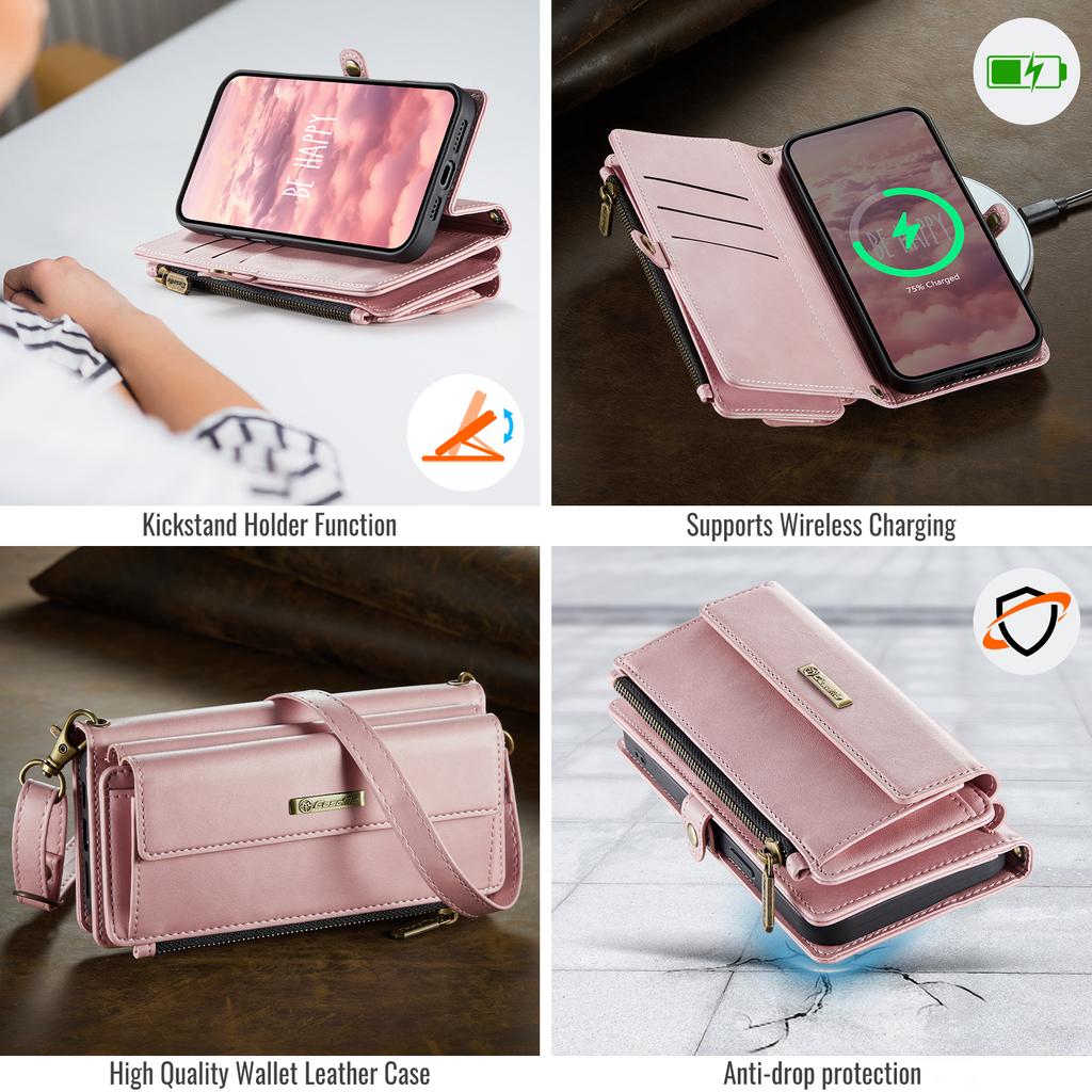 Серия CASEME C39 Чехол для iPhone 13 Pro Max Блокировка RFID 9 слотов для карт Кошелек на молнии Подставка Кожаная обложка с ремешком