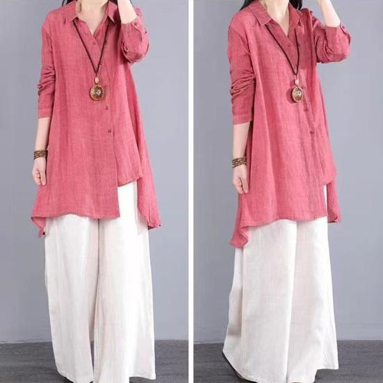 Women Shirt Lapel Long Sleeve Single Breasted Shirt Tops Irregular Hem Solid Color Mid-length Leisure Shirt