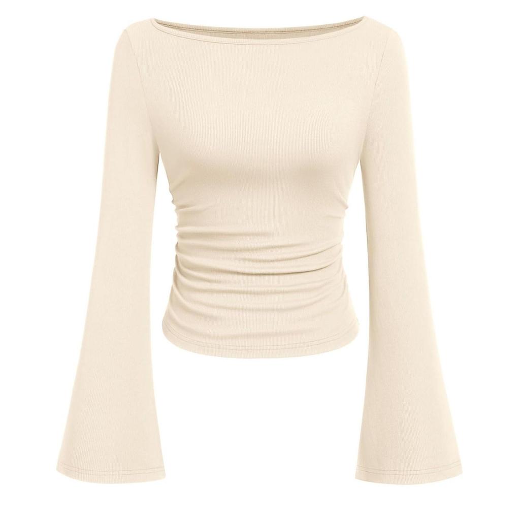 Longsleeved Women Flaredsleeve Fashionable Purecolored Top