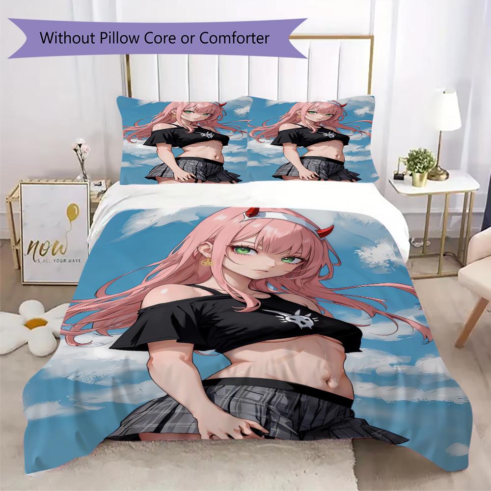 Darling In The Franxx Pattern Bedding uilt Set uilt Cover Pillowcase Home Decoration Birthday Gift (1 * duvet cover + 2 * pillowcase without core)