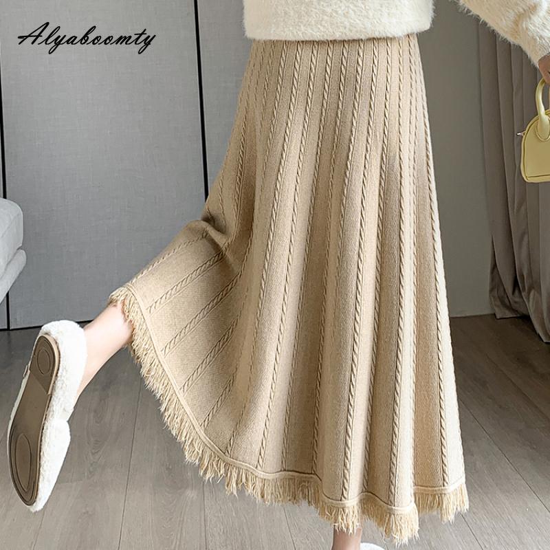 Корейская мода, осенне-зимняя женская юбка-миди с высокой талией, серая, черная, абрикосовая, кофейная, толстая теплая юбка, элегантная женская юбка с кисточками, женские юбки