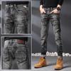 2024 High-End New Trendy Brand Black Gray Slim Fit Straight Leg Jeans For Men, Washed Retro Distressed Trendy Pants