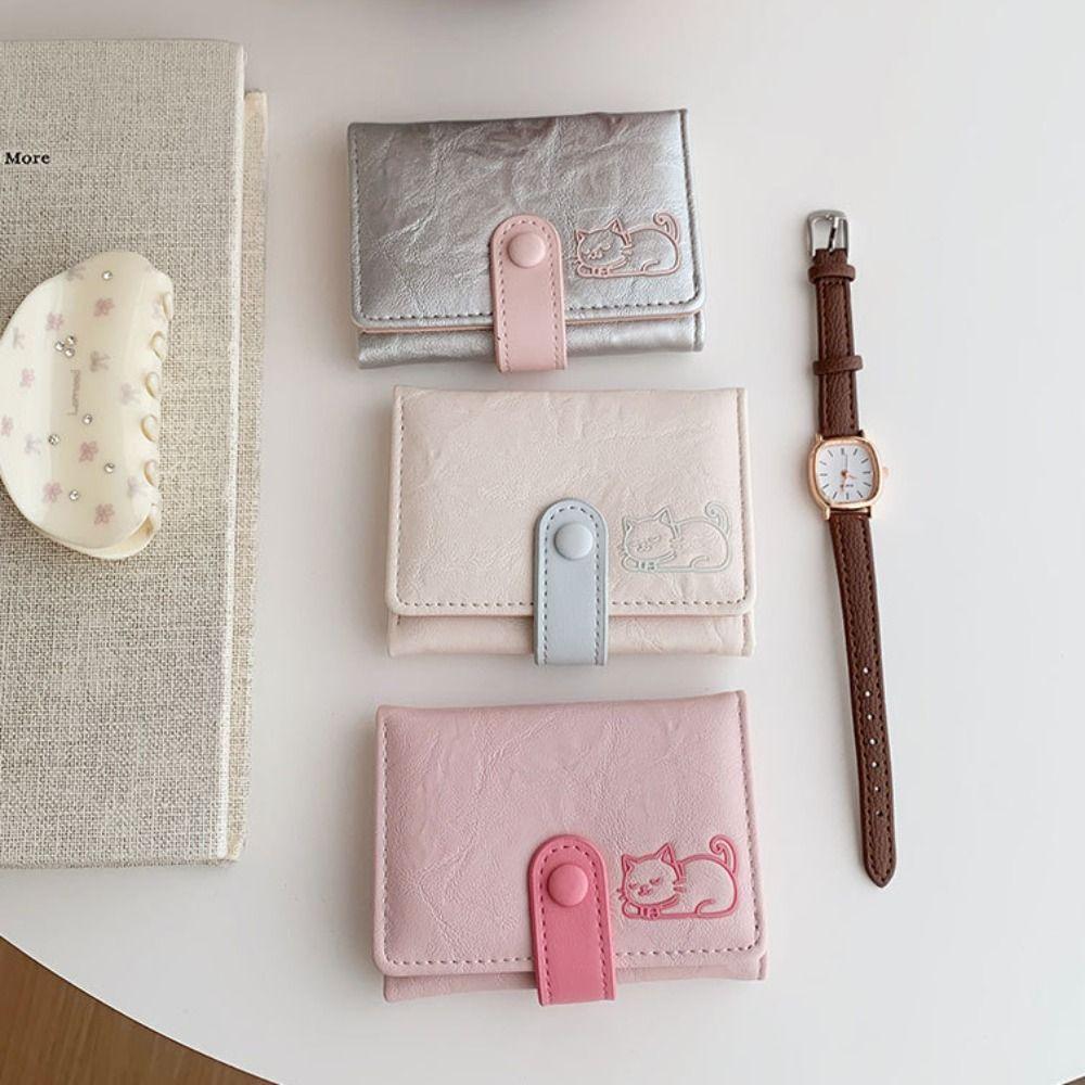 Милый Короткий Кожаный Кошелек PU Кожаный Трехскладной Кошелек Универсальный Кошелек с Принтом Кошки Для Девочек