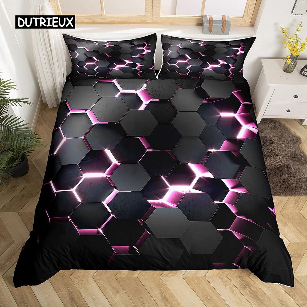 Комплект пододеяльников Honeycomb Queen Size с геометрическим узором и шестиугольной тематикой с розовыми и синими неоновыми огнями, шикарный чехол для мальчика, подростка, мужчины