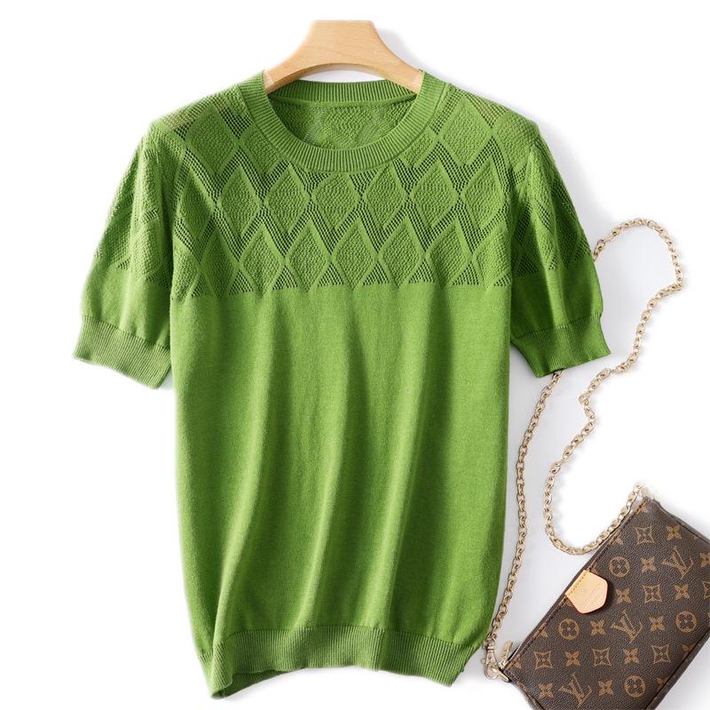 Летняя новинка с круглым вырезом, простая и ажурная, с короткими рукавами, свободная, повседневная, трикотажная, с коротким рукавом