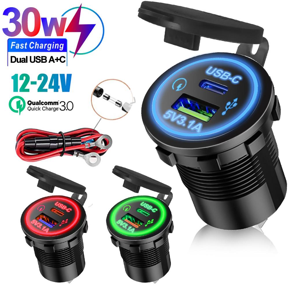 Автомобильное зарядное устройство QC3.0 с функцией быстрой зарядки мощностью 30 Вт, водонепроницаемая розетка с двумя портами USB Type-C и USB-A и светодиодным дисплеем для iPhone, Samsung, Android 12–24 В