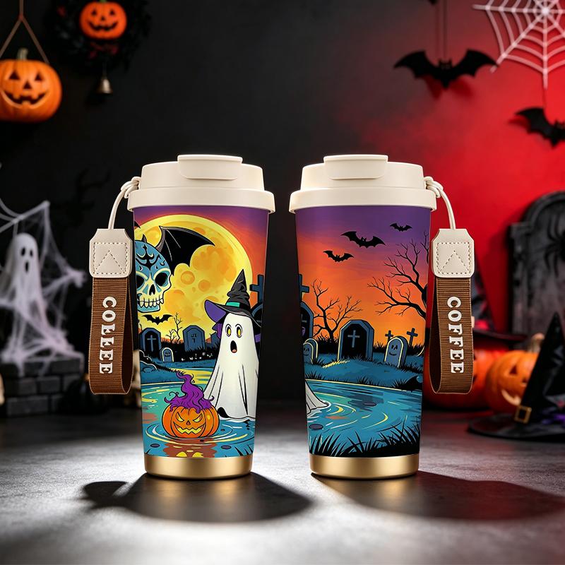 Halloween Coffee Cup 532ml Pond Skull Pumpkin Ghost MotifHoliday Creative Cup Double Wall Insulated Cup Flip Lid Coffee Cup