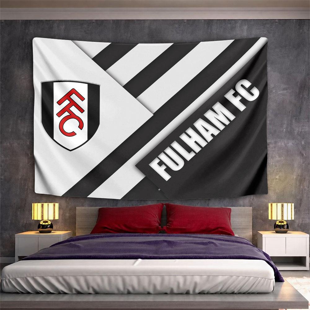 Diagonal black and white stripes with a Fulham FC logo on the left. Patterned tapestry for bedroom and living room home decor