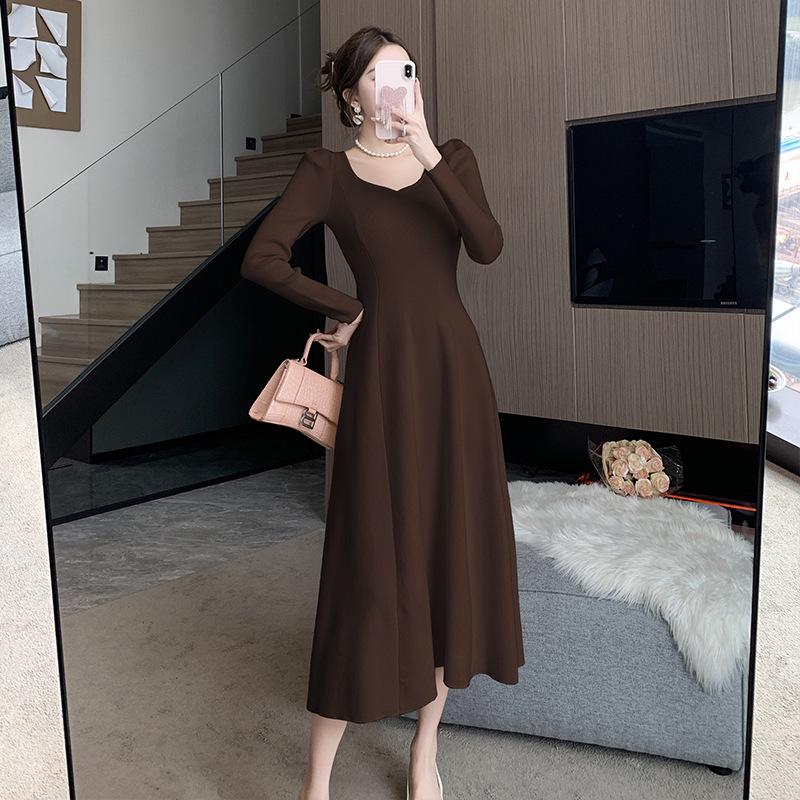 Autumn/Winter A-Line Knitted Dress with Puff Sleeves and Square Neck - Waist-Slimming, Elegant Socialite Style