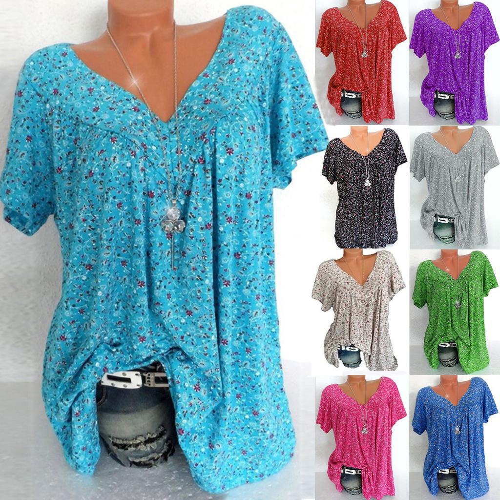 Women Plus Size Short Sleeves V-Neck Print Blouse Pullover Tops Shirt