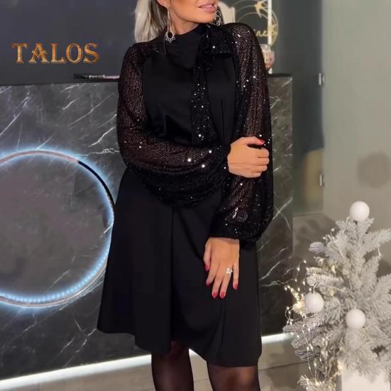 Lady Evening Dress Lace-up Strap Sequin Patchwork Long Lantern Sleeves Round Neck Spring Auutmn Midi Dress Loose Prom Party Dress