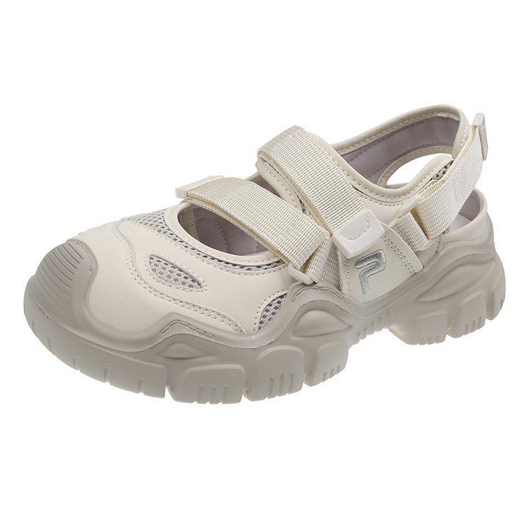 Cowhide Version~ Ugly Cute Mary Jane Shoes Hollow Leather Thick-soled Velcro Bag Head Sandals Sports Dad Shoes Women