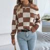 Женский повседневный свитер с длинным рукавом, контрастной клеткой и открытыми плечами