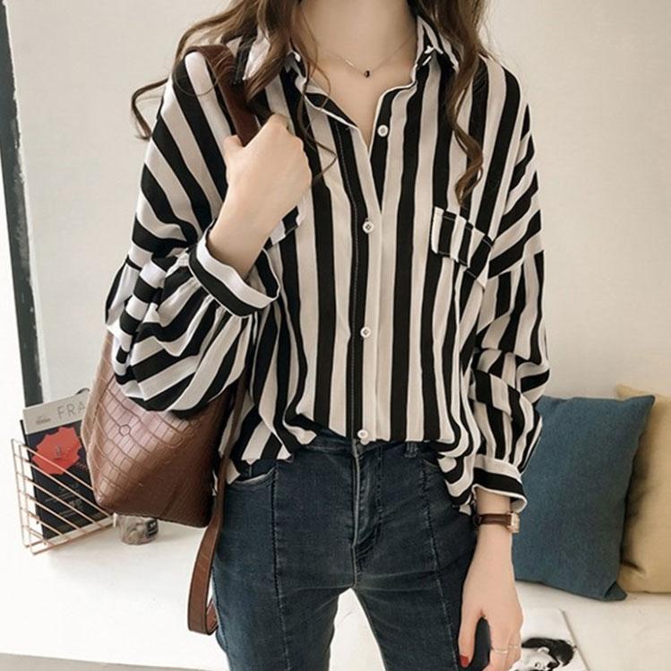 Большие размеры Повседневная офисная женская одежда для женщин Корейская рубашка с карманом и отложным воротником в полоску Блузки с длинными рукавами Топ
