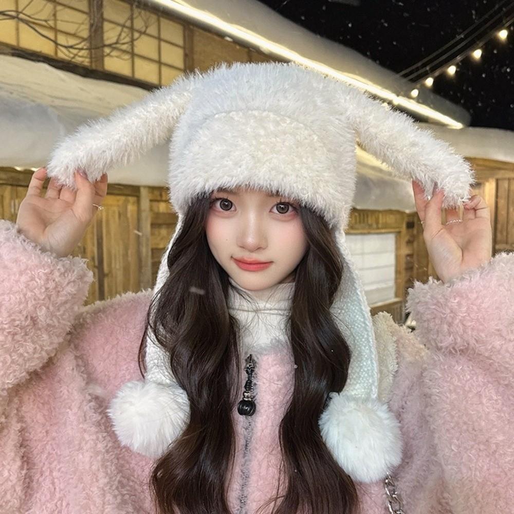Fluffy Texture Bunny Ear Beanie Warm Lining Plush Slouchy Hat Soft Fuzzy Knit Hat Cold Weather