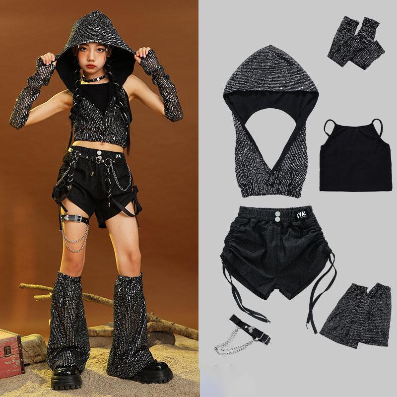 Девочки Wasteland Sequin Crop Top Street Dance Shorts Детская толстовка с капюшоном Hip Hop Jazz Silver Брюки Комплекты одежды Детские уличные костюмы