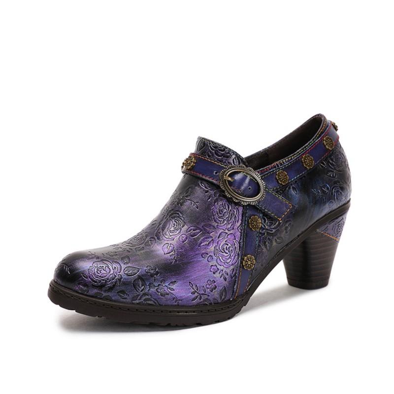 Johnature Genuine Leather Pumps Women Shoes Retro Round Toe Casual High Heels Printed Handmade Ladies Shoes