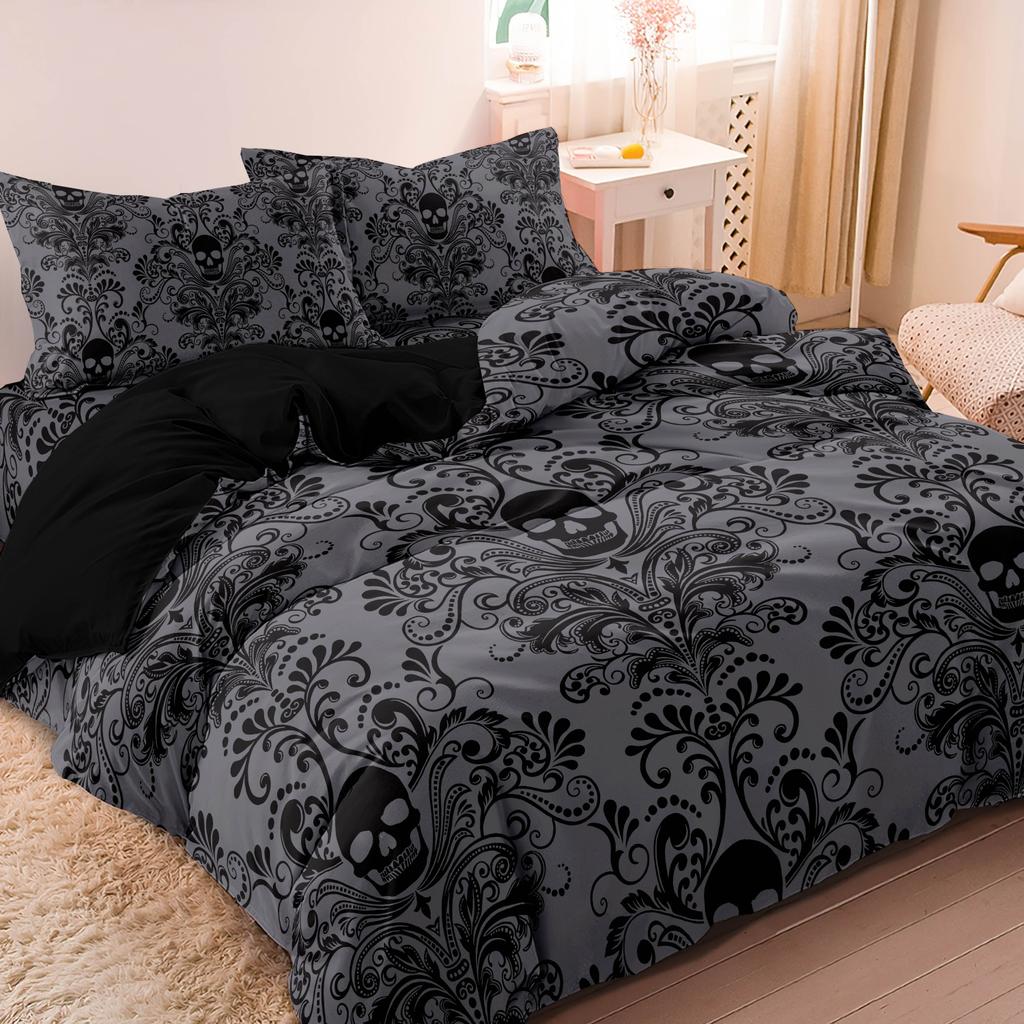 3pcs Soft & Breathable Dark Grey/Black Gothic Victorian Floral Duvet Cover with All-Season Luxury Bed Sheets Machine Washable
