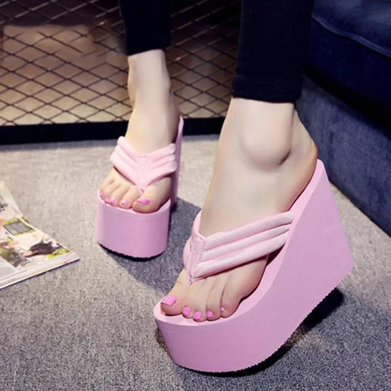 2024 High-heeled Shoes Lady House Slippers Platform Slides Low On A Wedge Rubber Flip Flops Summer Sand New Woman's Candy Colors