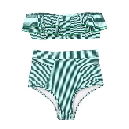 2 Pcs/Set Beach Bikini Set Ruffle Striped Patchwork Tankini High Waist Split Beachwear Elastic Quick-drying Bathing Suit